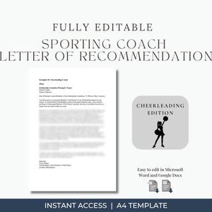 Plantilla de carta de recomendación para entrenador de porristas / Carta de recomendación editable / Descarga instantánea para becas