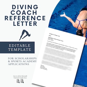 Carta de recomendación de entrenador de buceo / Plantilla editable de recomendación de beca / Word y Google Docs