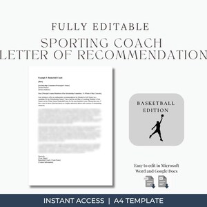 Carta de recomendación de entrenador de baloncesto / Plantilla editable de recomendación de beca / Word y Google Docs