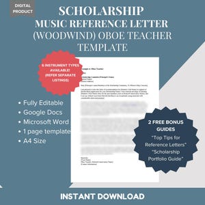 Plantilla de carta de recomendación para profesor de música, instrumentos de viento y oboe - Ejemplo de referencia de carácter profesional - Beca de música - DESCARGA DIGITAL