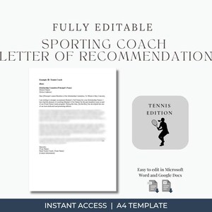 Carta de recomendación de entrenador de tenis / Plantilla editable de recomendación de beca / Word y Google Docs