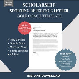 Modelo de carta de recomendación de entrenador de golf - Ejemplo de referencia de carácter profesional - Beca deportiva atlética - DESCARGA DIGITAL