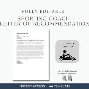 Carta de recomendación para entrenador de karts / Plantilla editable para becas / Word y Google Docs
