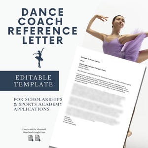 Carta de recomendación para entrenador de baile / Plantilla editable de referencia para beca deportiva / Word y Google Docs