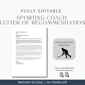 Plantilla de carta de referencia para entrenador profesional / Beca de hockey sobre césped / Word y Google Docs