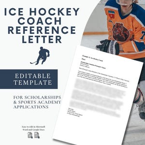 Carta de recomendación para entrenador de hockey sobre hielo / Plantilla de referencia de beca editable / Word y Google Docs