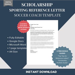 Modelo de carta de recomendación para entrenador de fútbol - Ejemplo de referencia de carácter profesional - Beca deportiva atlética - DESCARGA DIGITAL