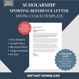 Modelo de carta de recomendación para entrenador de buceo - Ejemplo de referencia de carácter profesional - Beca deportiva atlética - DESCARGA DIGITAL