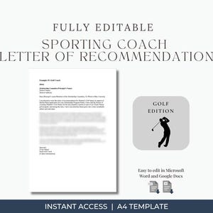 Carta de recomendación de entrenador de golf / Plantilla editable de recomendación de beca / Word y Google Docs