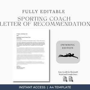Plantilla de carta de recomendación para entrenador de natación / Referencia deportiva para becas / Plantilla editable en Word y Google Docs