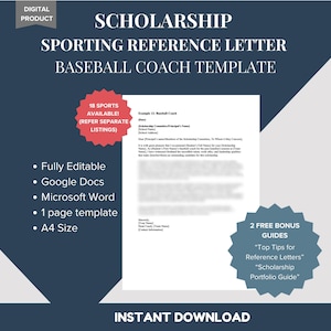 Modelo de carta de recomendación para entrenador de béisbol - Ejemplo de referencia de carácter profesional - Beca deportiva atlética - DESCARGA DIGITAL