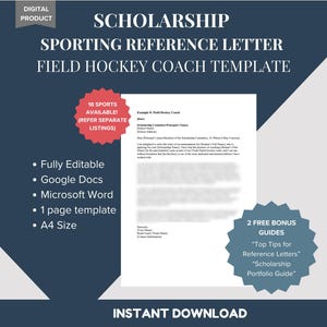 Modelo de carta de recomendación para entrenador de hockey sobre césped - Ejemplo de referencia de carácter profesional - Beca deportiva atlética - DESCARGA DIGITAL