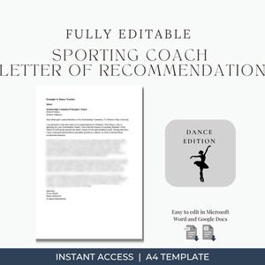 Carta de recomendación para entrenador de baile / Plantilla editable de referencia para beca deportiva / Word y Google Docs