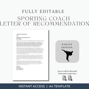 Carta de recomendación para instructor de karate y entrenador / Plantilla editable de referencia de beca / Word y Google Docs