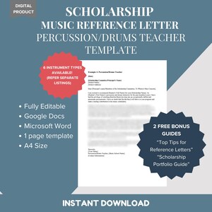 Plantilla de carta de recomendación para profesor de percusión musical y batería - Ejemplo de referencia de carácter profesional - Beca de música - DESCARGA DIGITAL