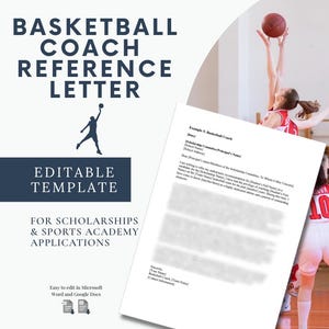 Carta de recomendación de entrenador de baloncesto / Plantilla editable de recomendación de beca / Word y Google Docs