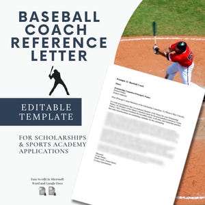 Carta de recomendación de entrenador de béisbol / Plantilla editable de recomendación de beca / Word y Google Docs