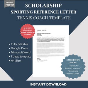 Modelo de carta de recomendación para entrenador de tenis - Ejemplo de referencia de carácter profesional - Beca deportiva atlética - DESCARGA DIGITAL