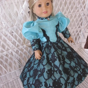 Late Victorian Outfit Handmade to Fit American Girl and Other 18 Inch Dolls. Two-Piece 1800's Taffeta & Lace Doll Dress.  Vintage Doll Dress