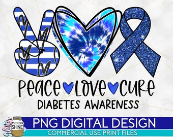 Peace Love Cure Diabetes Tie Dye PNG Print File for Sublimation Or Print, Blue Awareness Ribbon, Diabetes Awareness, Diabetes Ribbon