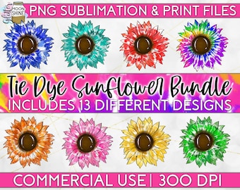 Tie Dye Sunflower Bundle Of 13 PNG Print File for Sublimation Or Print, Mom Designs, Farm Designs, Hippie, Print Designs, Printable, Funny