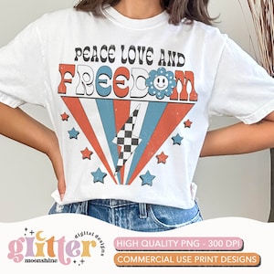 Peace Love Freedom Lightning Stars PNG Print File for Sublimation Or Print, Retro Sublimation, 4th Of July, Patriotic, Fourth, Vintage