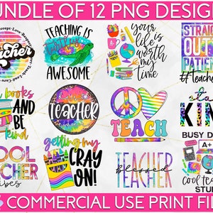 Colorful Teacher PNG Bundle Of 12 Print Files for Sublimation Print, Teacher Sublimation, Teaching, Funny Teacher Designs, Teacher PNG