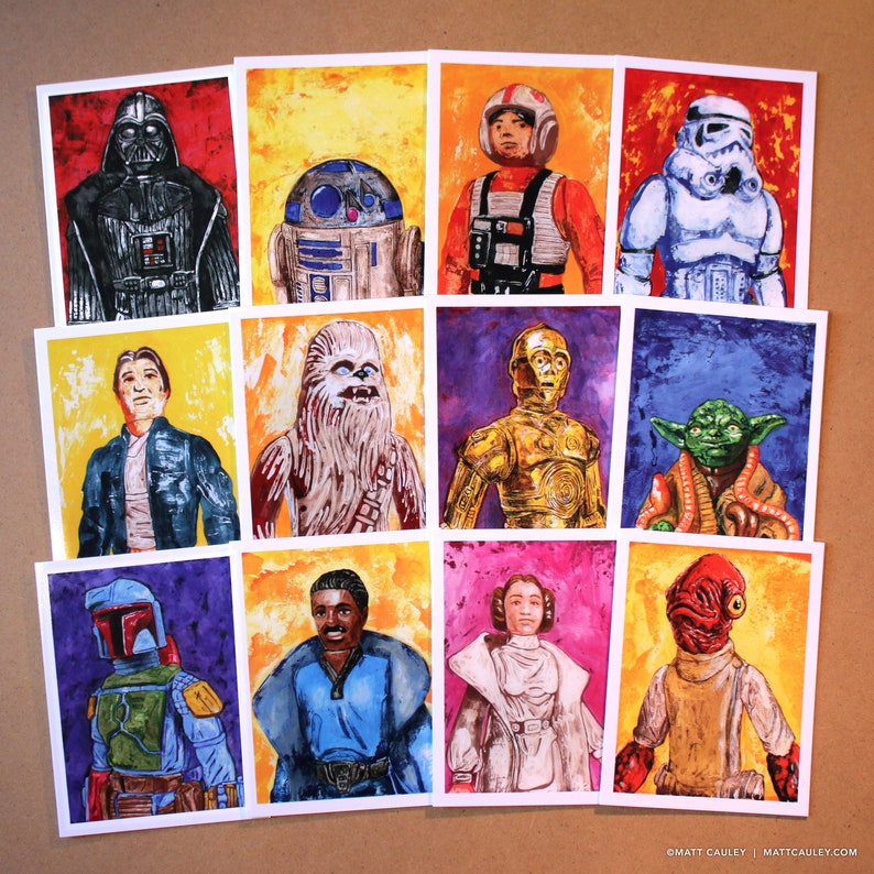 Star Wars Greeting Cards Blank Inside Original Artwork, inspired by Vintage Kenner 1977 Star Wars Action Figures Many Styles Set of all 12 cards