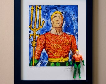 DC Comics AQUAMAN Original Artwork Art Print - inspired by Vintage Kenner Super Powers Justice League Action Figures - 11" x 14" Framed