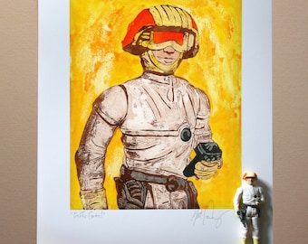 May include: A hand-painted art print of a character wearing a yellow and red helmet with a black visor. The character is holding a black weapon and is standing in front of a yellow background. The print is titled "Traffic Control" and is signed by the artist.