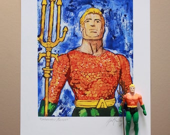 DC Comics AQUAMAN Original Artwork Art Print - inspired by Vintage Kenner Super Powers Justice League Action Figures - 11" x 14" unframed