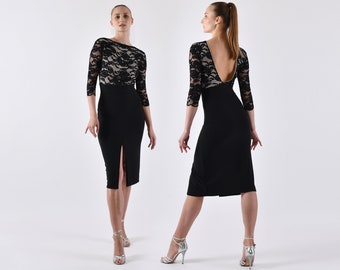 DE ANGELIS Tango Dress with black lace, slit and V back