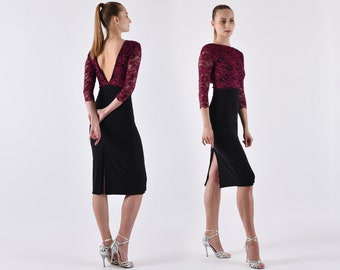 DE ANGELIS Tango Dress with burgundy lace, slit and V back