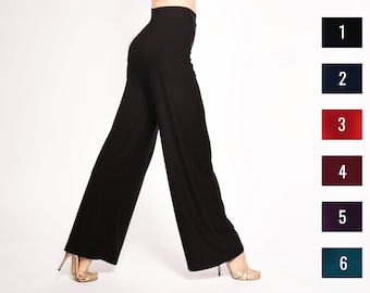 May include: Black wide-leg pants with a high waist.