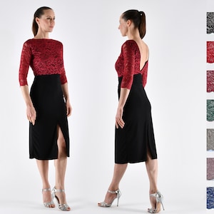 De ANGELIS Tango Dress with lace, slit and V back in your favorite lace color