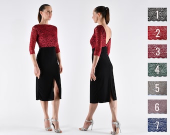 Lace sheath tango dress with V back and slit - DE ANGELIS