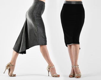 ORTIZ Tango Skirt Pencil Ruched in dark silver sparkle and black