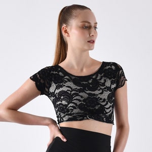 RUFINO Draped Tango Crop Top in black lace - with cap sleeves