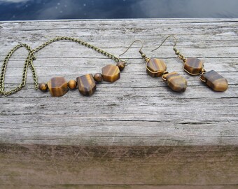 Hand Crafted Tiger's Eye Necklace and Earring Set // Tiger Eye Gemstone Arrow Bead Necklace // Tiger Eye Earrings