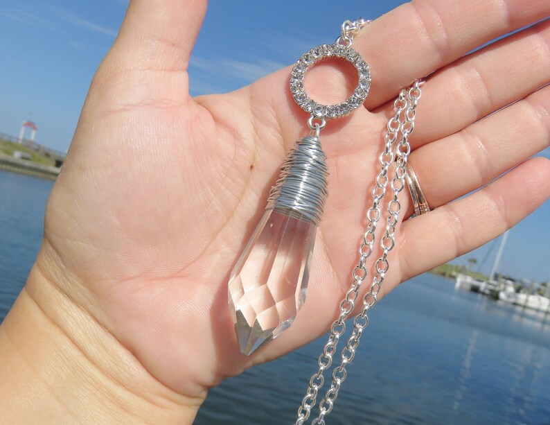 Vintage Wire Wrapped Crystal Prism Necklace // Silver Rhinestone Circle