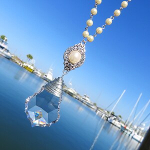 French Cut Crystal and Pearl Necklace // Silver Wire Wrapped Asfour Lead Crystal Necklace // Wedding Necklace