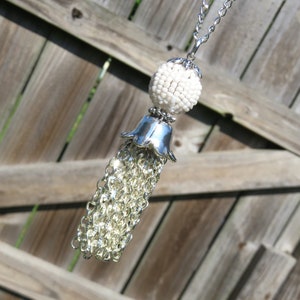 White and Silver Tassel Statement Necklace // Long Chain Tassel Necklace // Handmade Silver Chain Tassel Necklace