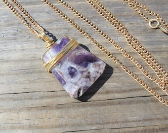 Large Gold Wire Wrapped Amethyst Necklace // Amethyst Statement Necklace // Purple Stone and Wire Necklace