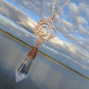 Rose Gold and Rhinestone Flower Necklace // Copper Wire Wrapped Vintage Chandelier Prism Necklace // Rose Gold Flower and Crystal Necklace