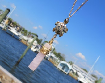 Gold Sea Turtle and Rose Quartz Bar Necklace // Pink Quartz and Abalone Turtle Necklace // Stone Bar Necklace