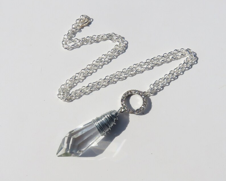 Vintage Wire Wrapped Crystal Prism Necklace // Silver Rhinestone Circle