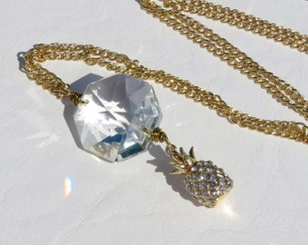 Rhinestone Pineapple Necklace // Vintage Octagon Prism Necklace // Gold Pineapple and Chandelier Crystal Necklace