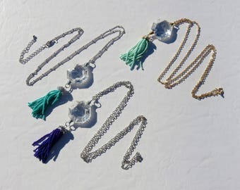 Vintage Octagon Prism and Tassel Necklace // Beaded Tassel Necklace // Indigo Tassel Necklace // Teal Tassel Necklace