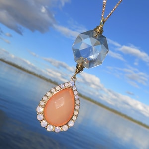 Vintage Octagon Crystal and Peach Teardrop Necklace // Wire Wrapped Chandelier Prism Necklace // Pink Rhinestone and Vintage Prism Necklace