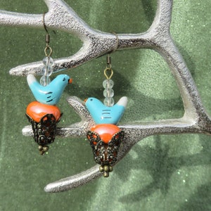 Ceramic Bird in a Nest Earrings // Bird Lover Earrings // Blue Bird Earrings // Handmade Nesting Bird Earrings